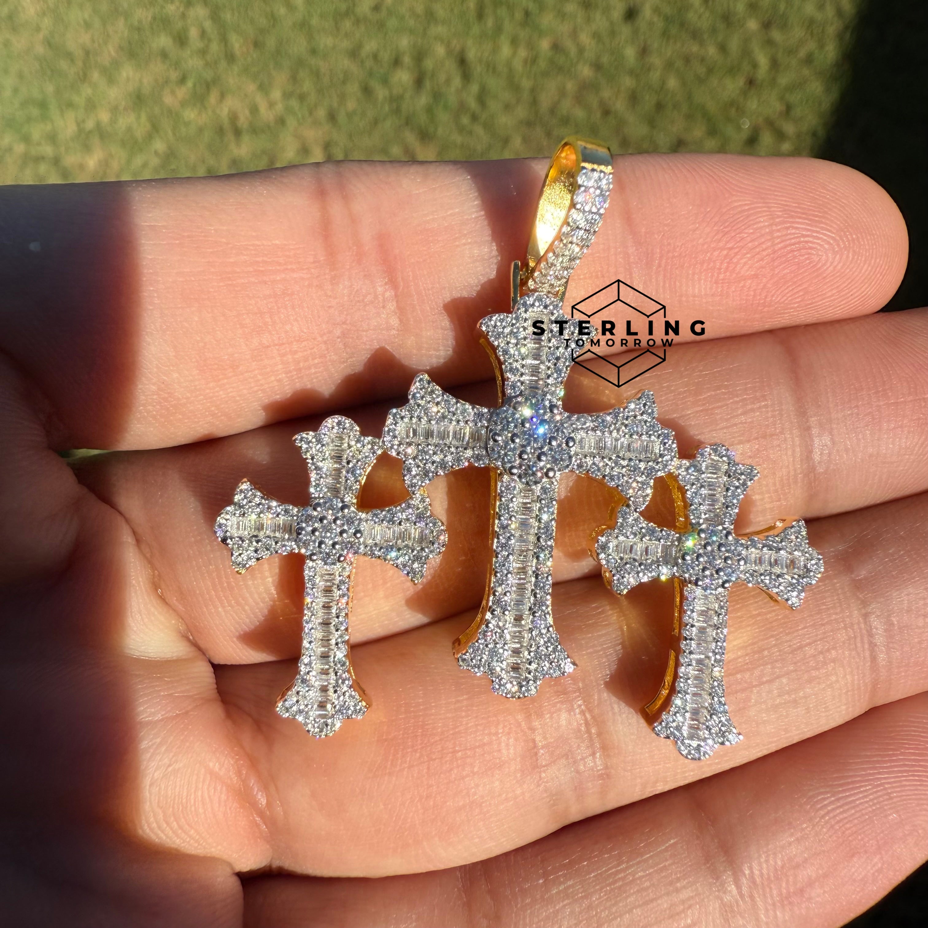 Triple Cross Gold Tone Moissanite Pendant