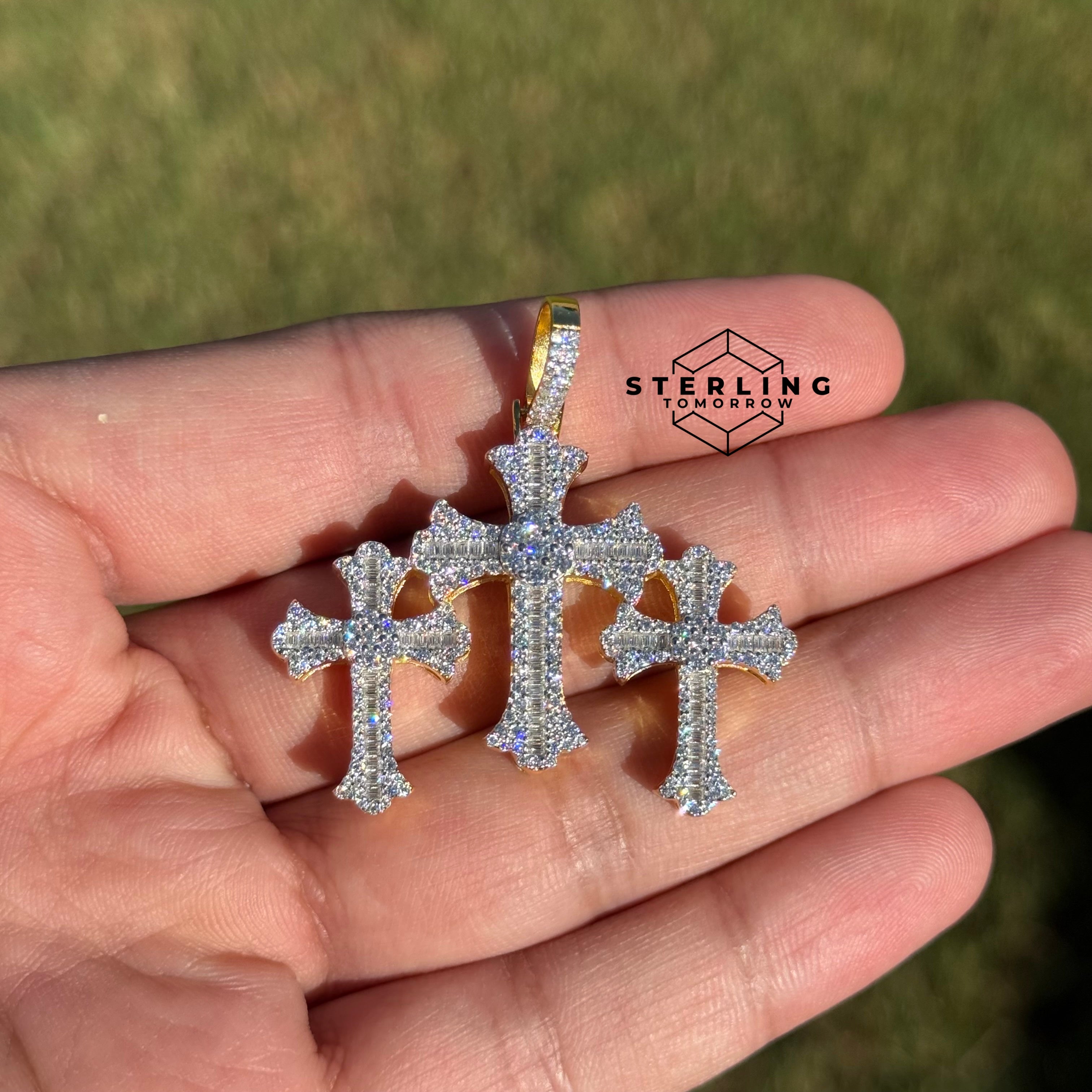 Triple Cross Gold Tone Moissanite Pendant
