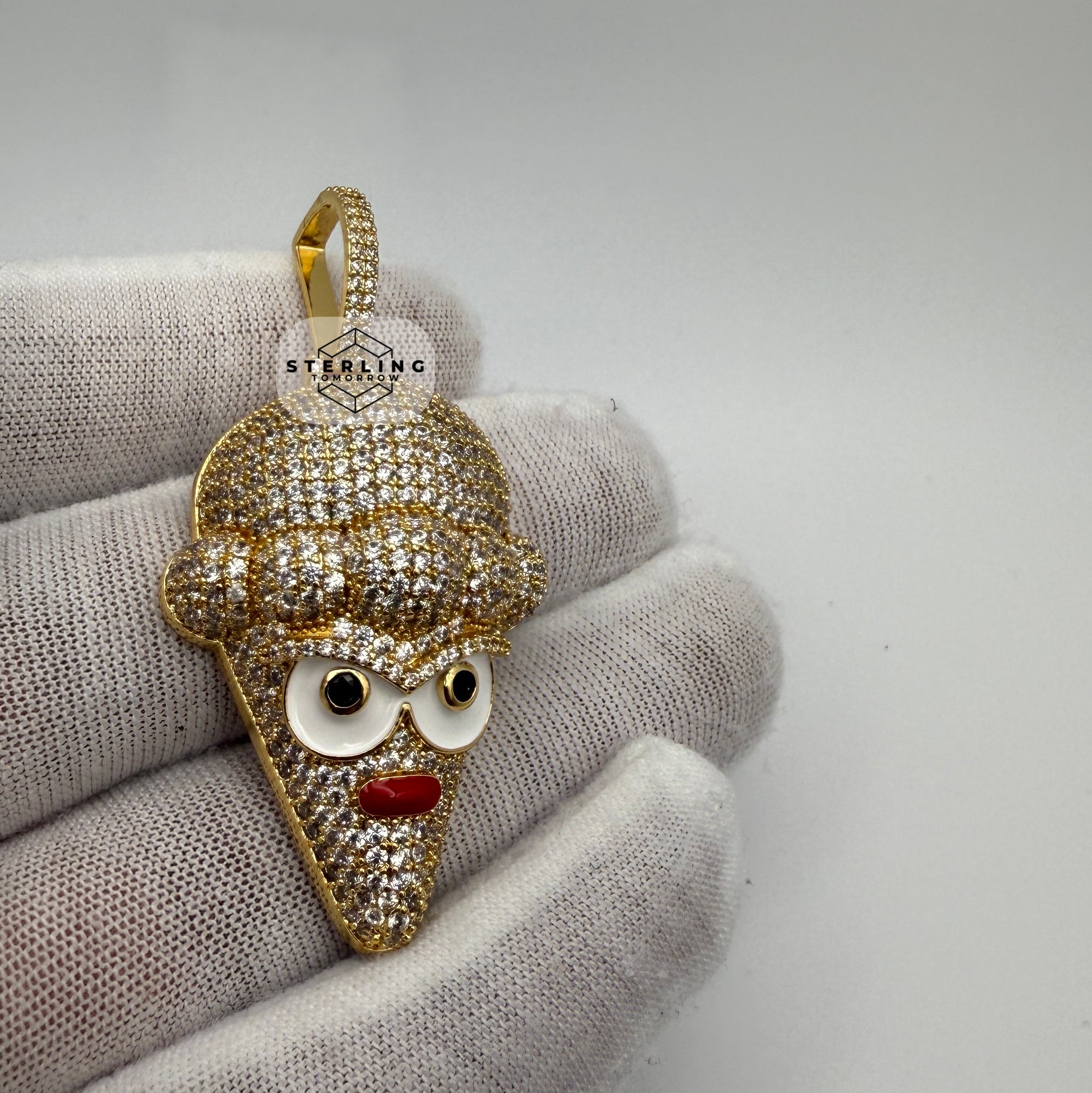 Ice Cream Cone Enamel Gold Tone Pendant