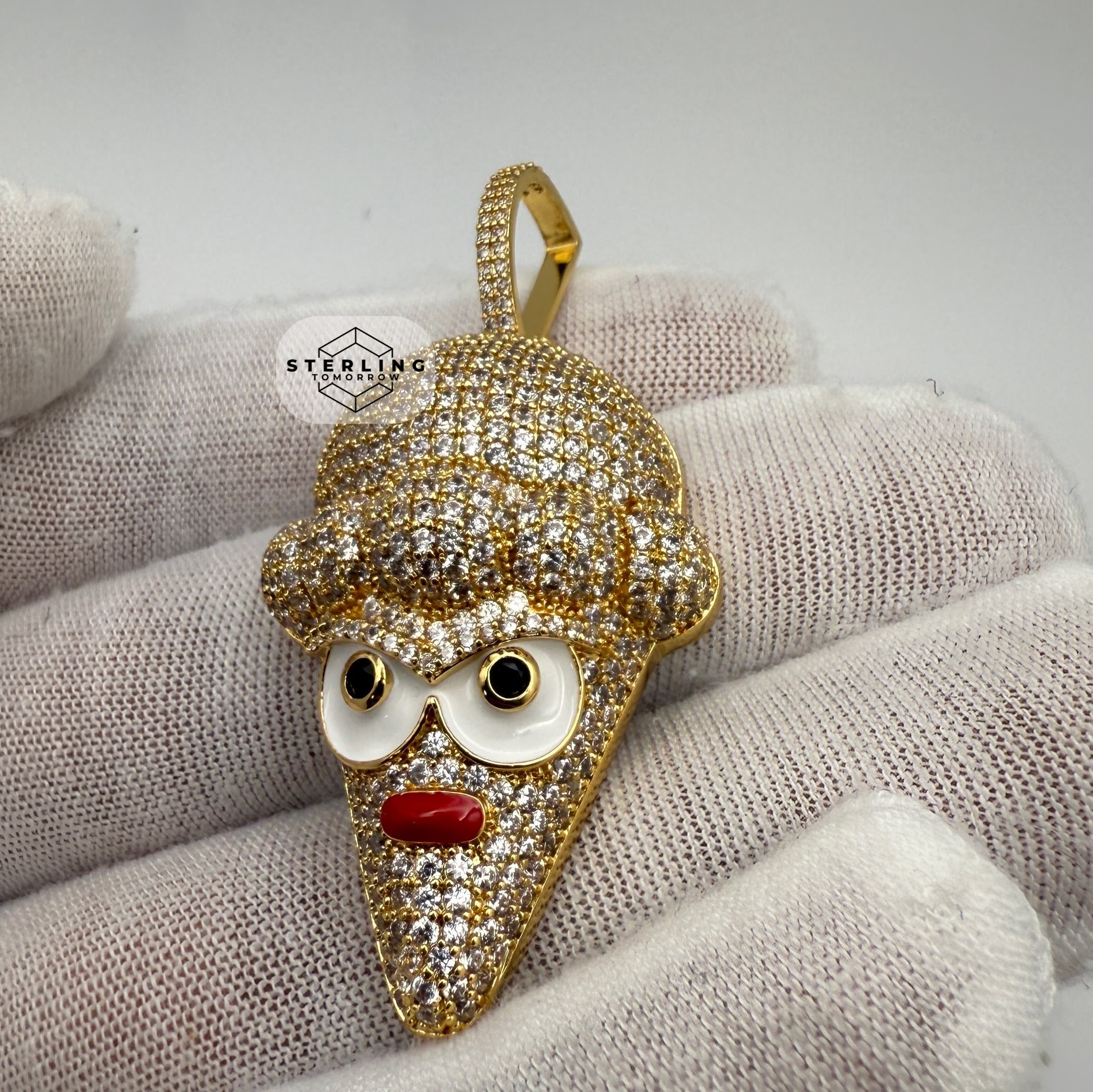 Ice Cream Cone Enamel Gold Tone Pendant