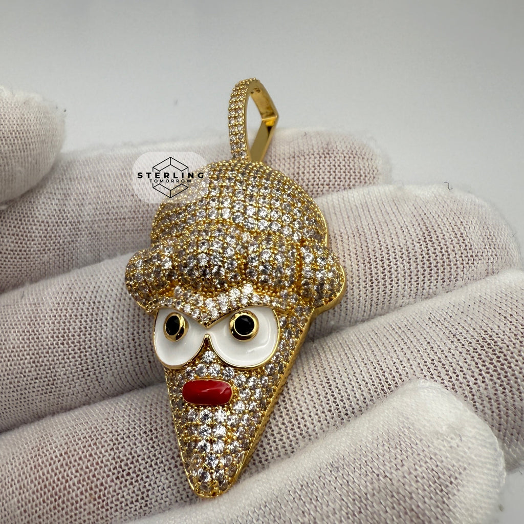 Ice Cream Cone Enamel Gold Tone Pendant