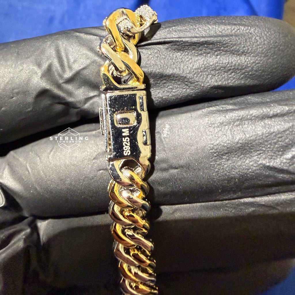 Gold over Silver 9mm 9" Cuban Bracelet - Solid 925 Sterling Silver CZ