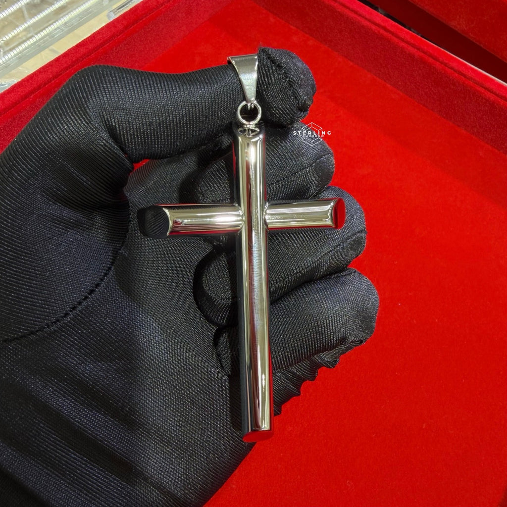 Large Silver Cross Pendant Necklace, Stainless Steel Necklace for Men