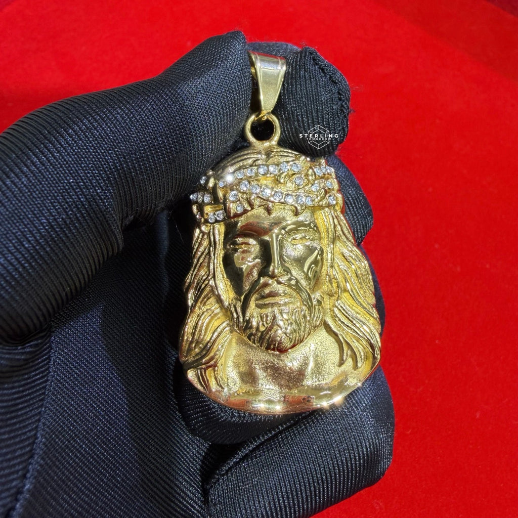 Steel Gold Jesus Head Thorns Pendant