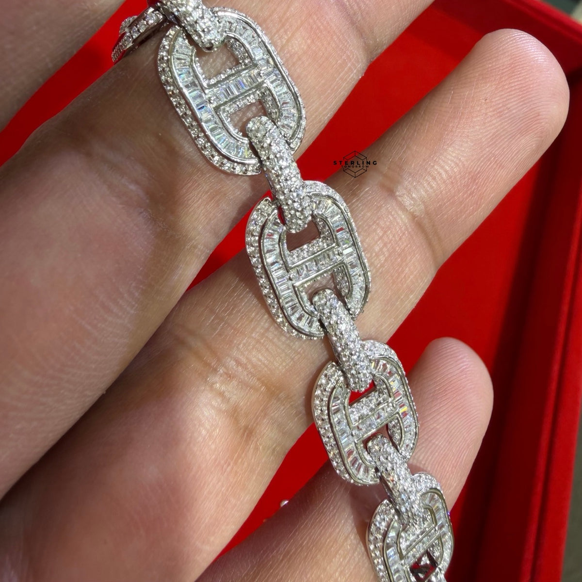 Baguette Oval Link Iced Bracelet 13mm 8" 925 Sterling Silver CZ