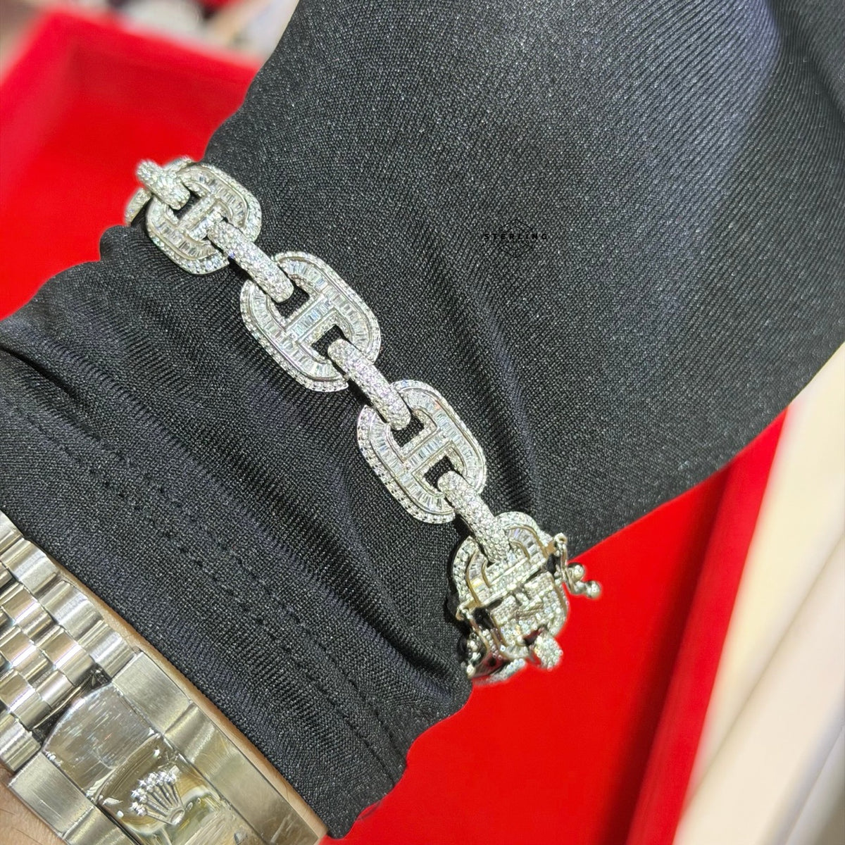 Baguette Oval Link Iced Bracelet 13mm 8" 925 Sterling Silver CZ