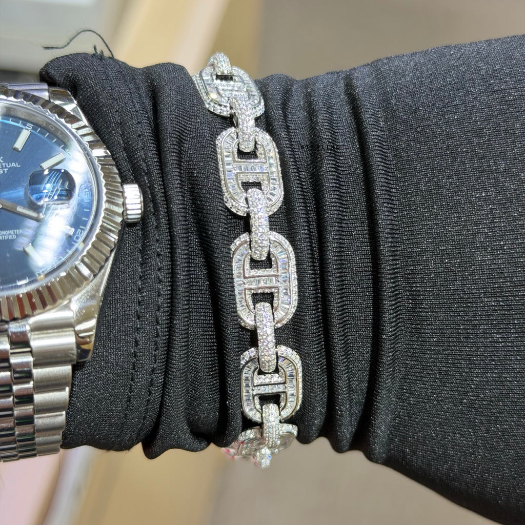 Baguette Oval Link Iced Bracelet 13mm 8" 925 Sterling Silver CZ