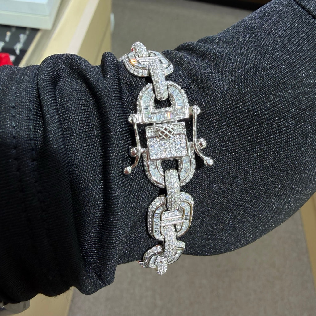 Baguette Oval Link Iced Bracelet 13mm 8" 925 Sterling Silver CZ