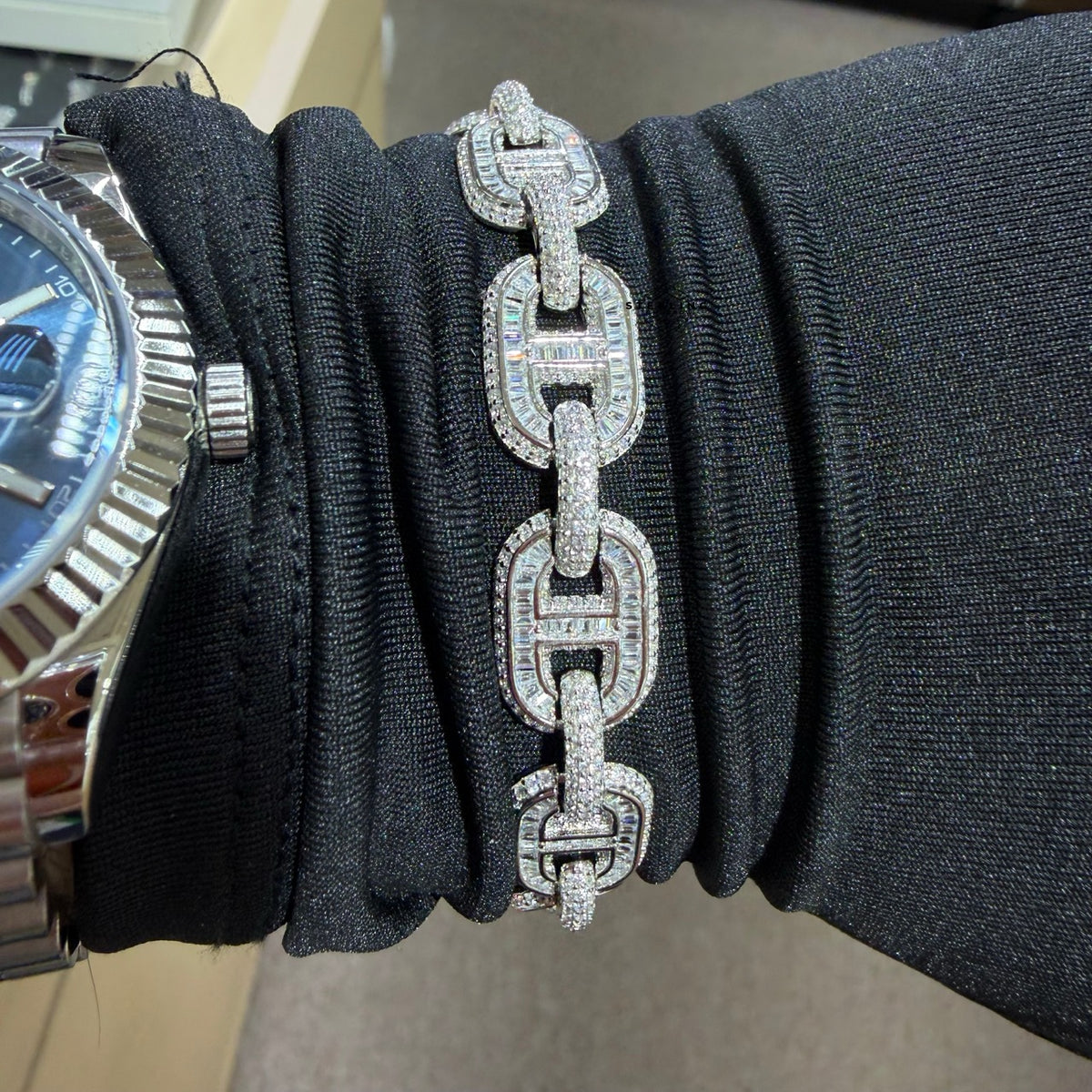 Baguette Oval Link Iced Bracelet 13mm 8" 925 Sterling Silver CZ