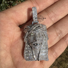 Jesus with Thorns Baguette Iced Out Pendant Silver Tone