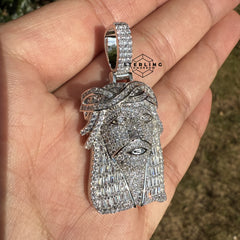 Jesus with Thorns Baguette Iced Out Pendant Silver Tone