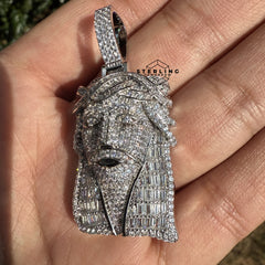 Jesus with Thorns Baguette Iced Out Pendant Silver Tone