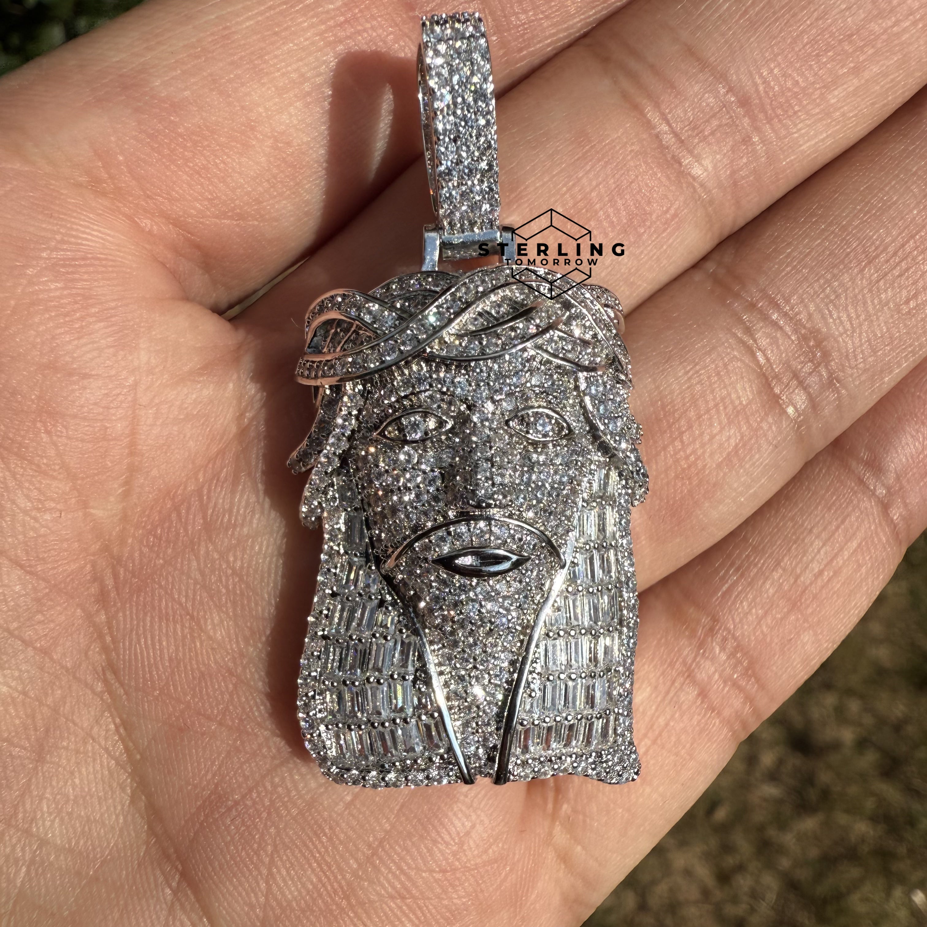 Jesus with Thorns Baguette Iced Out Pendant Silver Tone