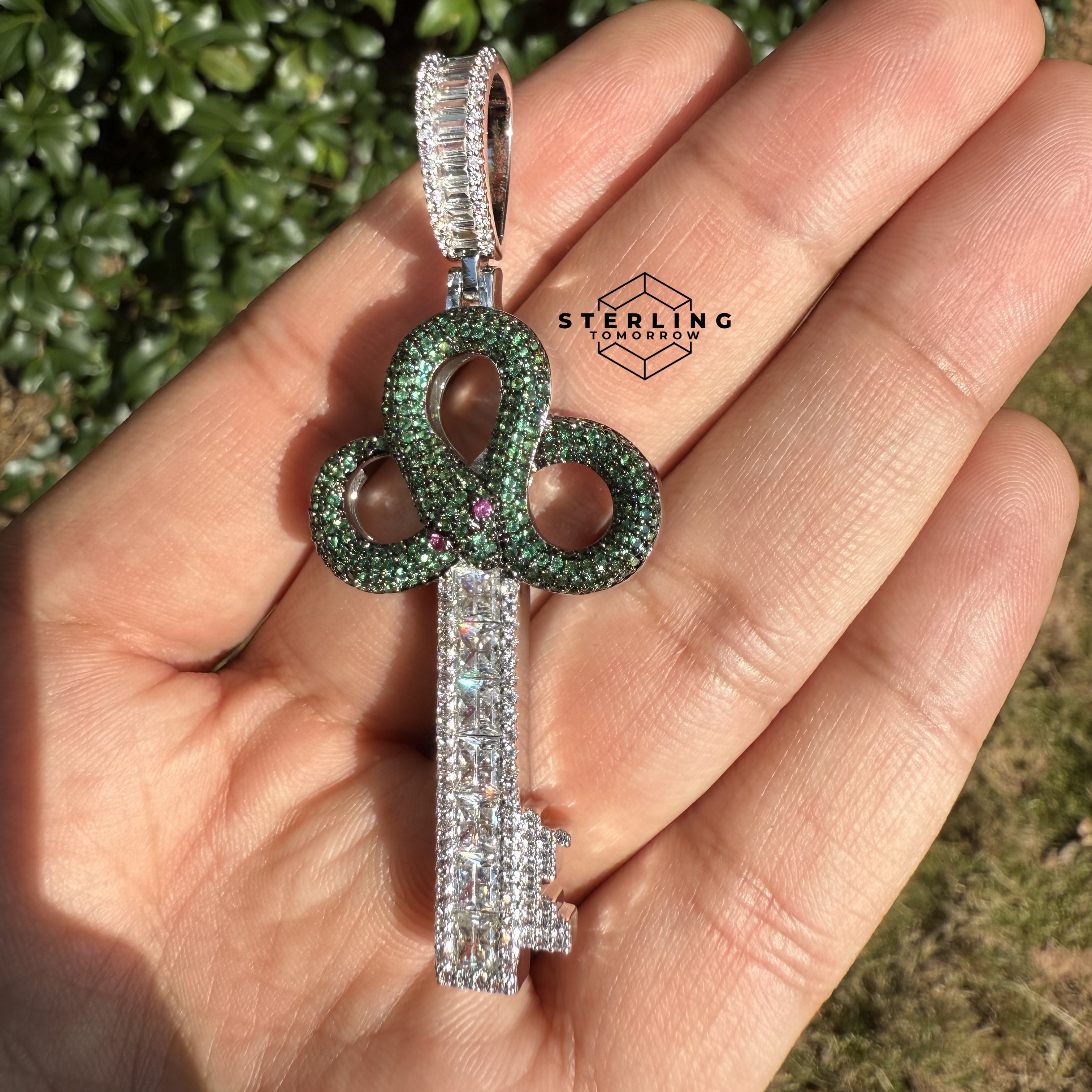 Green Key Silver Tone Iced Out Pendant
