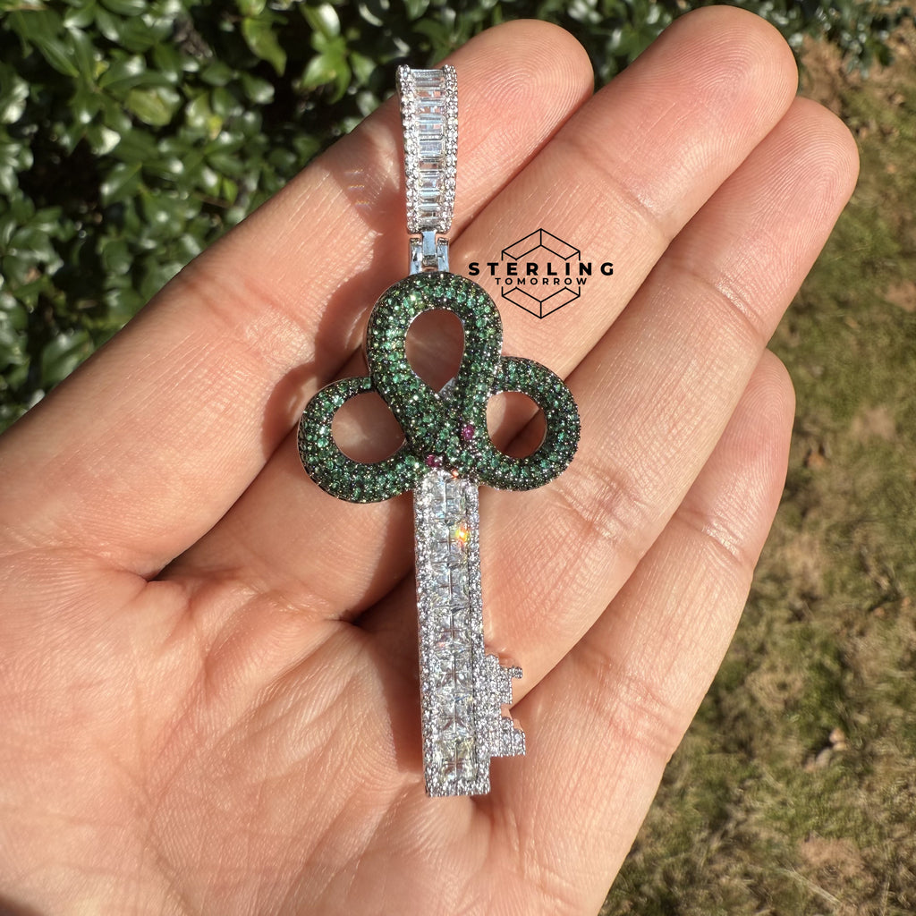 Green Key Silver Tone Iced Out Pendant