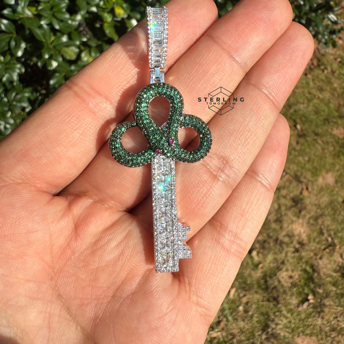 Green Key Silver Tone Iced Out Pendant