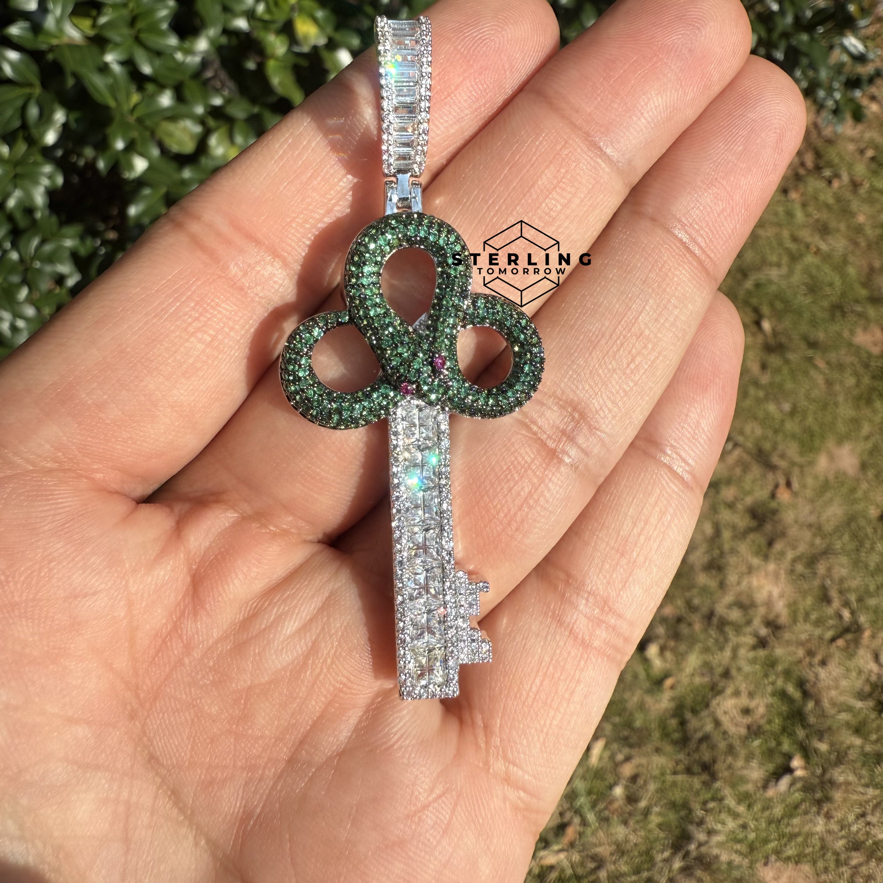 Green Key Silver Tone Iced Out Pendant