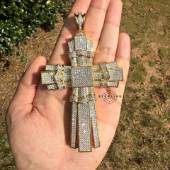 X Large Gold Cross Iced Out Detail Pendant