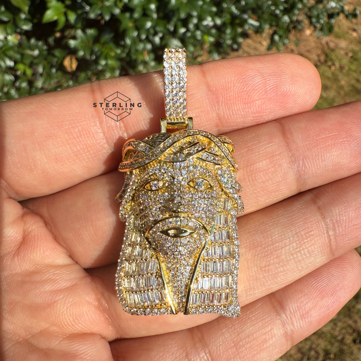 Jesus with Thorns Baguette Iced Out Pendant Gold Tone