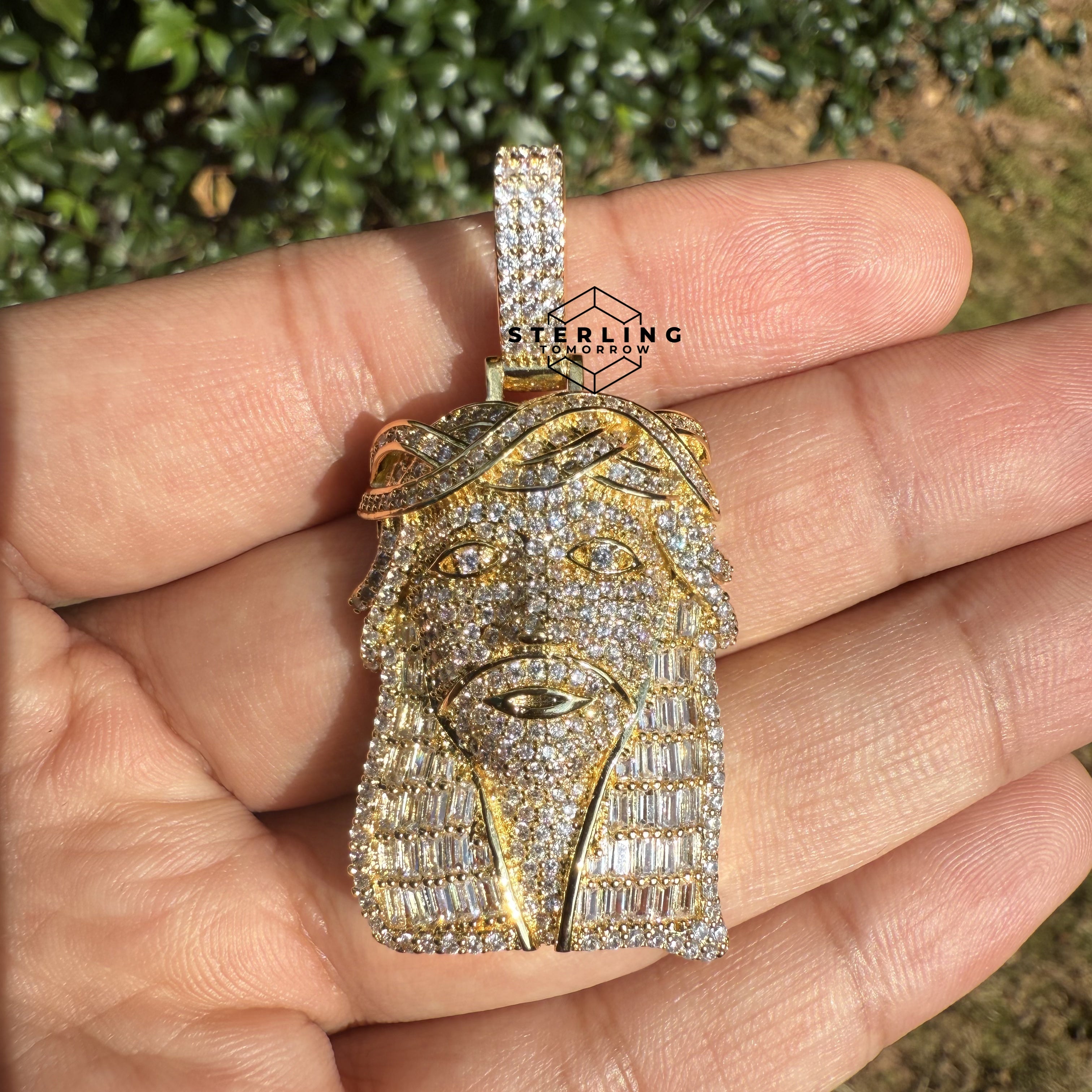 Jesus with Thorns Baguette Iced Out Pendant Gold Tone