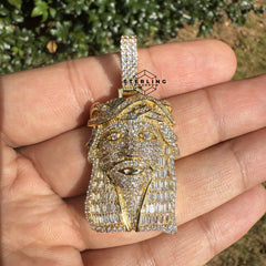 Jesus with Thorns Baguette Iced Out Pendant Gold Tone