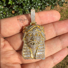 Jesus with Thorns Baguette Iced Out Pendant Gold Tone