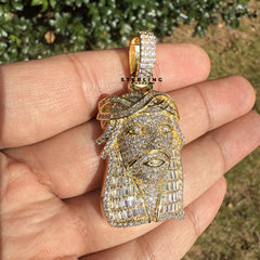Jesus with Thorns Baguette Iced Out Pendant Gold Tone