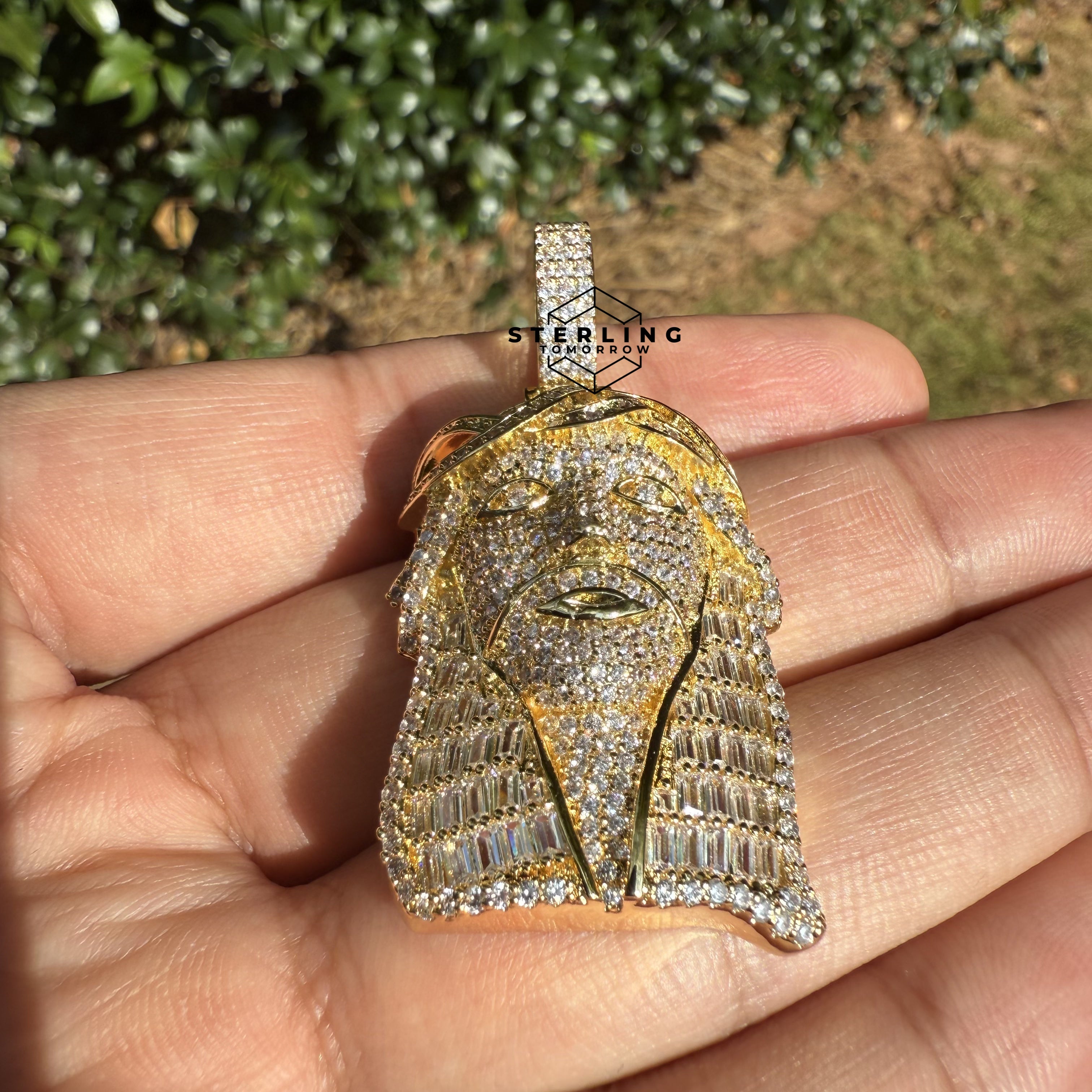 Jesus with Thorns Baguette Iced Out Pendant Gold Tone