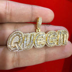 Gold Iced Out Queen Pendant, 14K Gold Plated CZ Diamond Baguette Letter Necklace, Hip Hop Statement Jewelry for Women