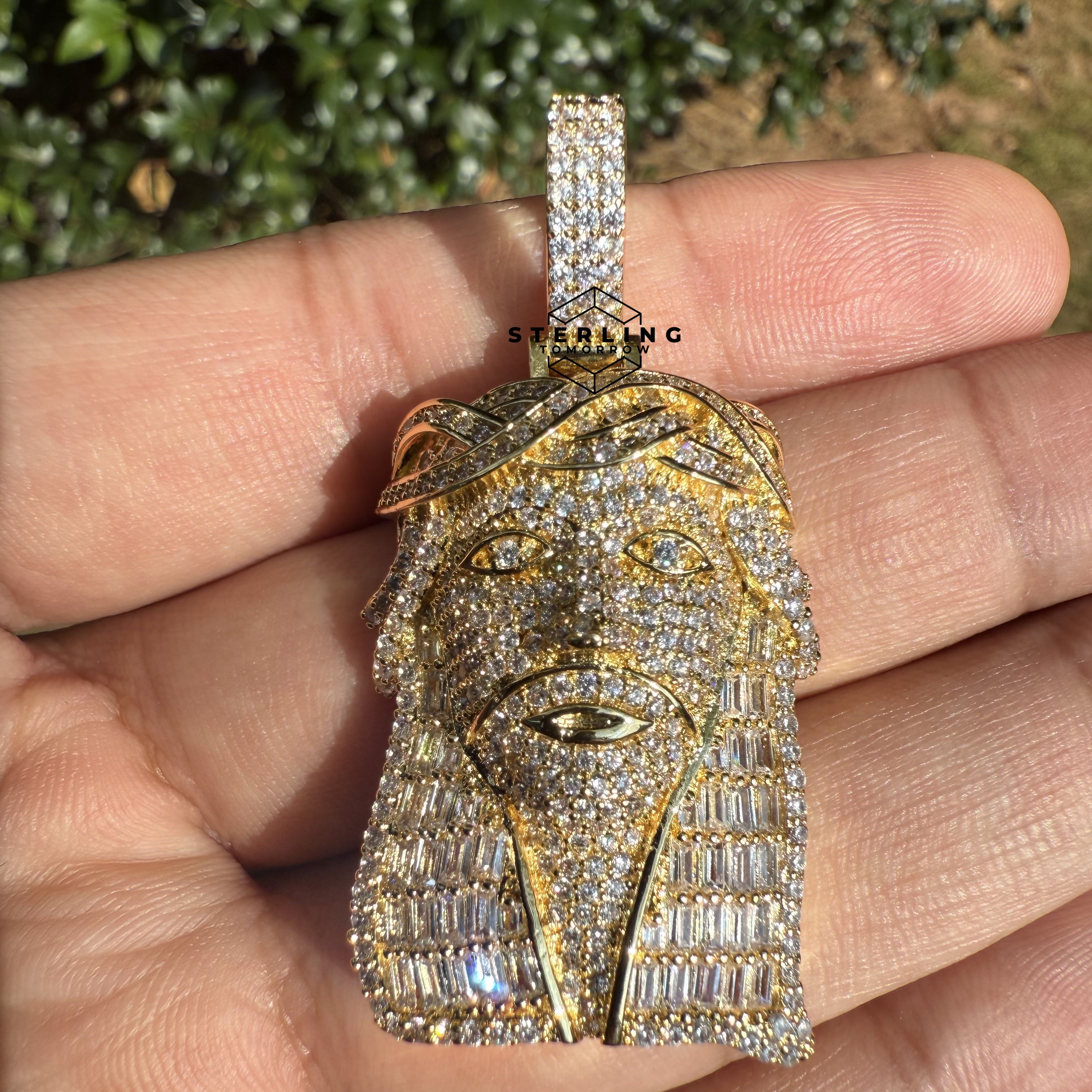 Jesus with Thorns Baguette Iced Out Pendant Gold Tone