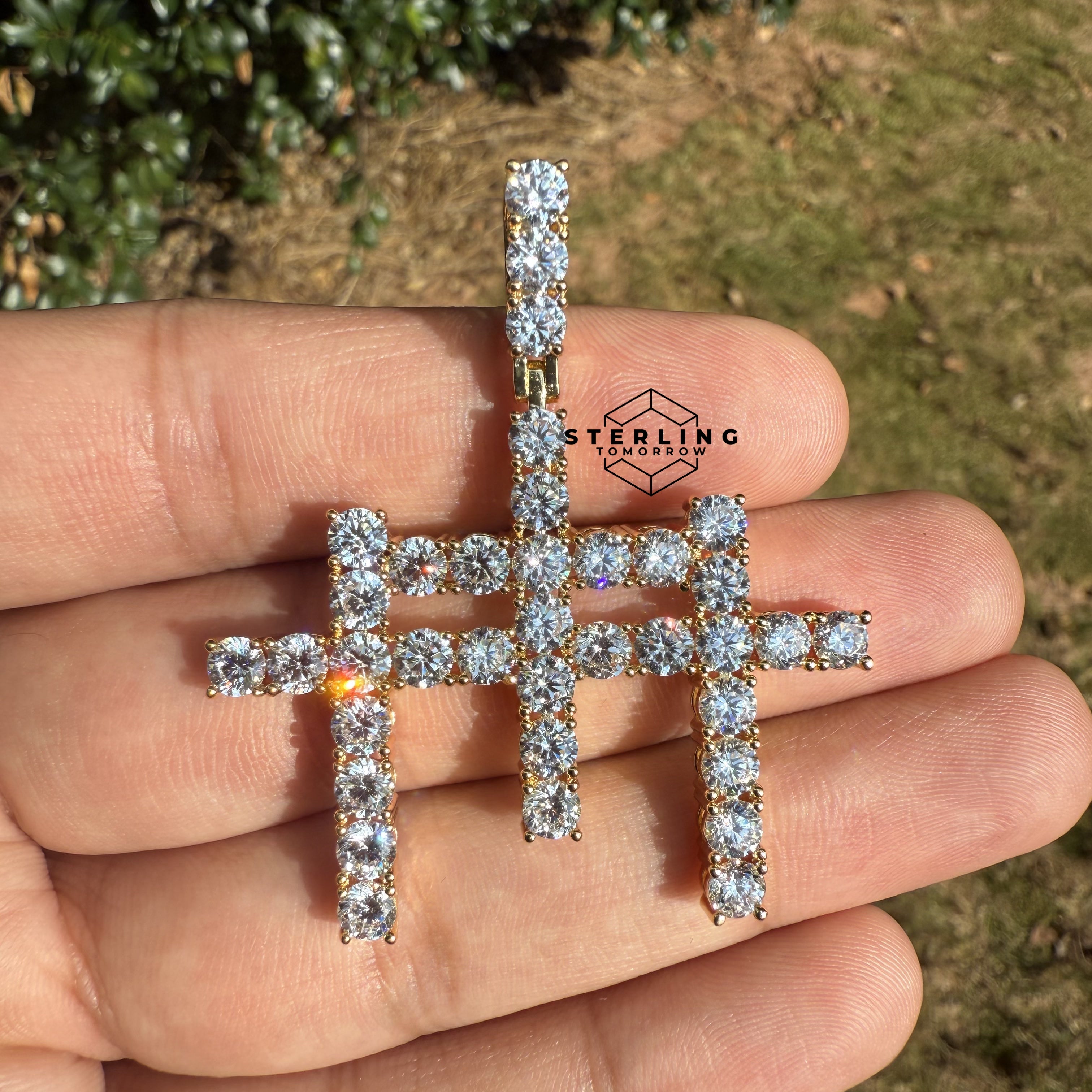 Triple Cross Iced Out Gold Tone Pendant