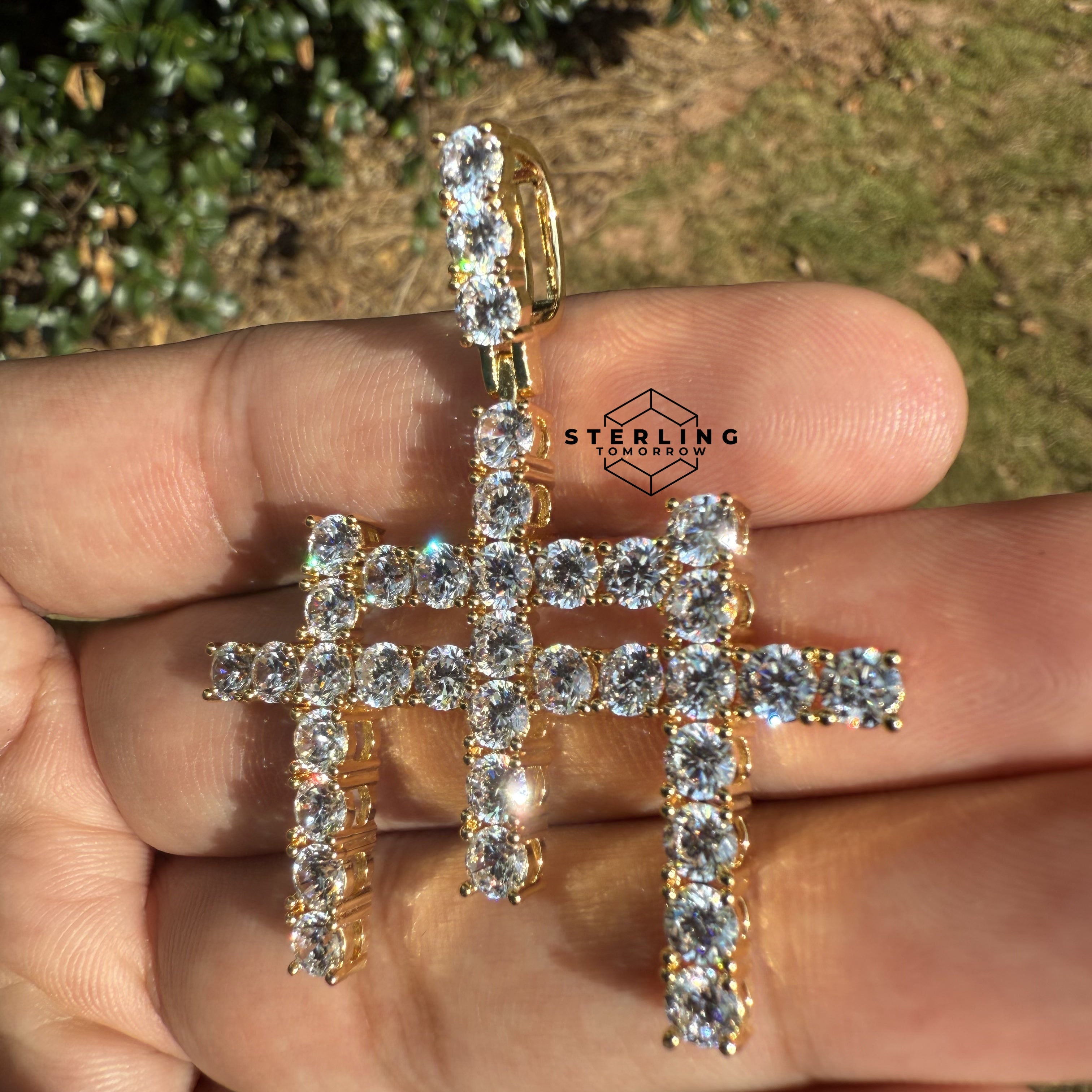 Triple Cross Iced Out Gold Tone Pendant