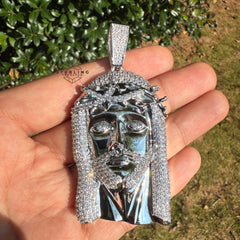 Jesus Face Silver Tone Large Iced Out Pendant