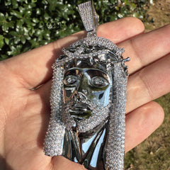 Jesus Face Silver Tone Large Iced Out Pendant
