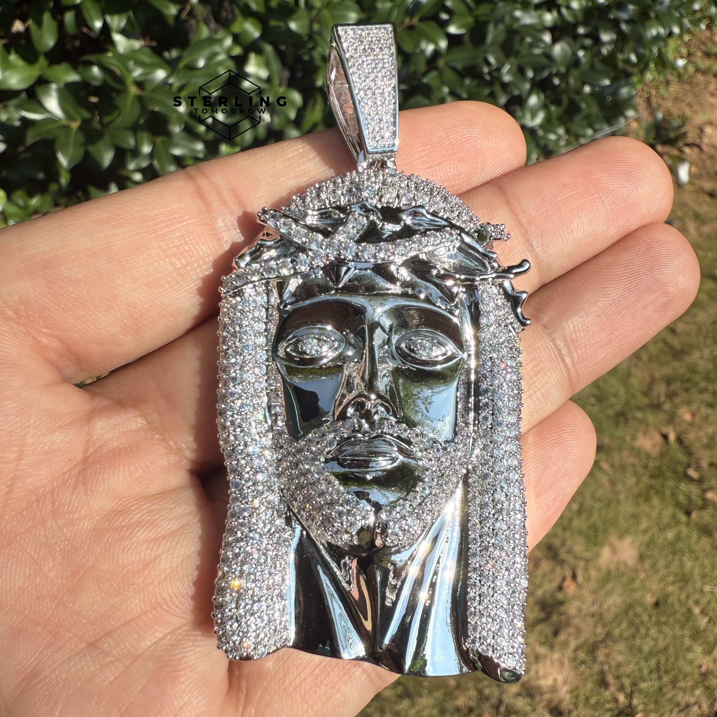 Jesus Face Silver Tone Large Iced Out Pendant