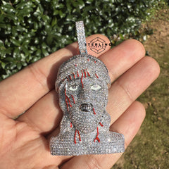 Jesus Pendant Iced Out with Blood Detail Silver Tone