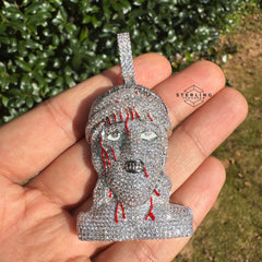 Jesus Pendant Iced Out with Blood Detail Silver Tone