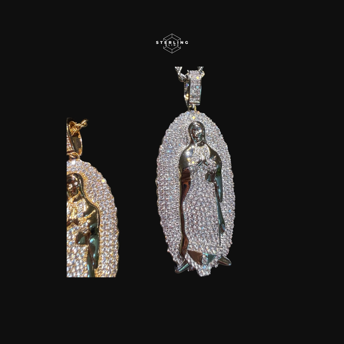Iced Out Virgin Mary Pendant 14k Gold Plated CZ