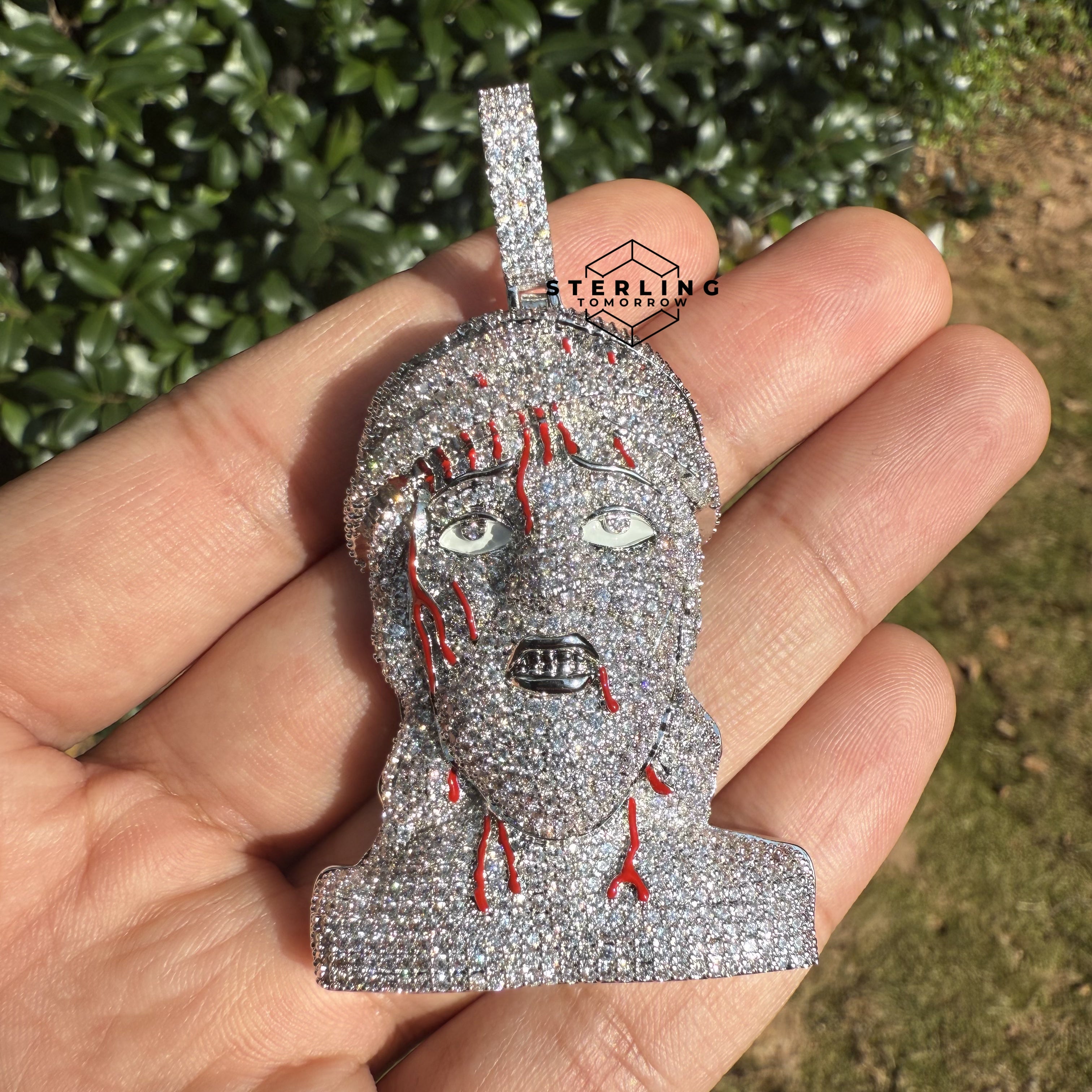 Jesus Pendant Iced Out with Blood Detail Silver Tone