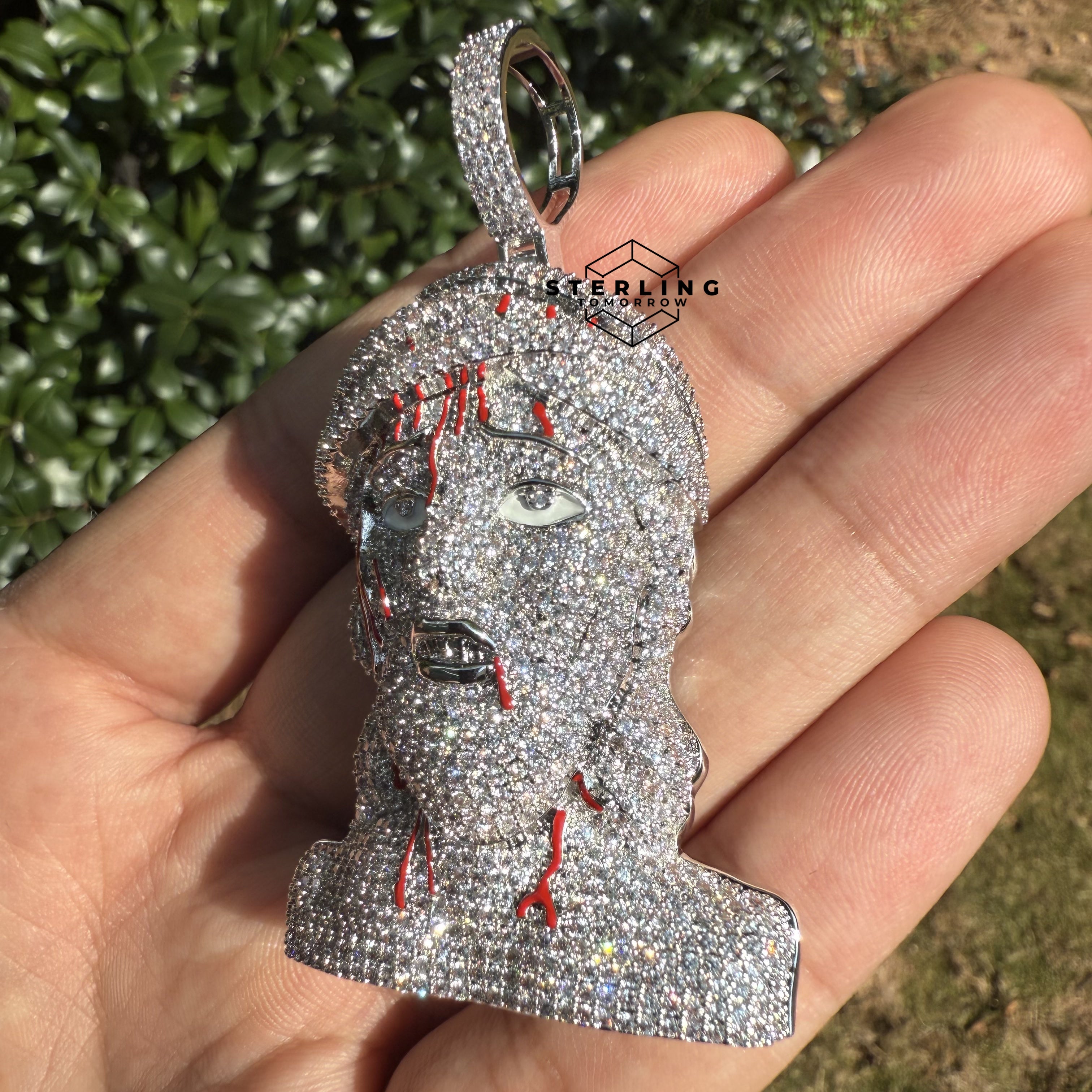 Jesus Pendant Iced Out with Blood Detail Silver Tone