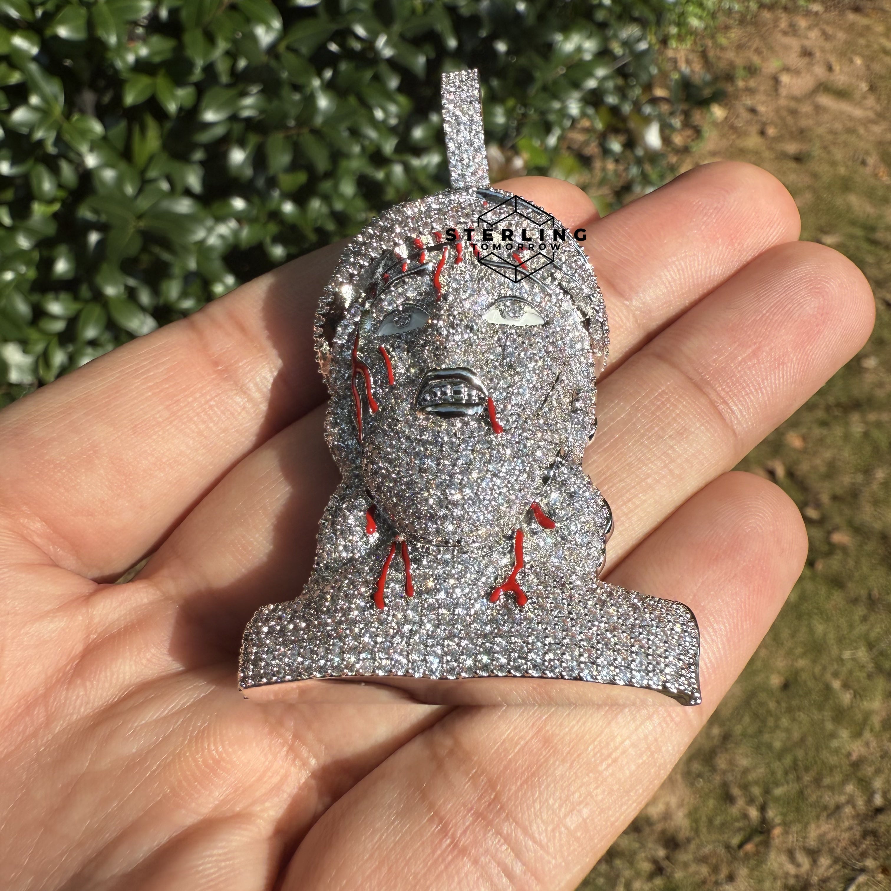 Jesus Pendant Iced Out with Blood Detail Silver Tone