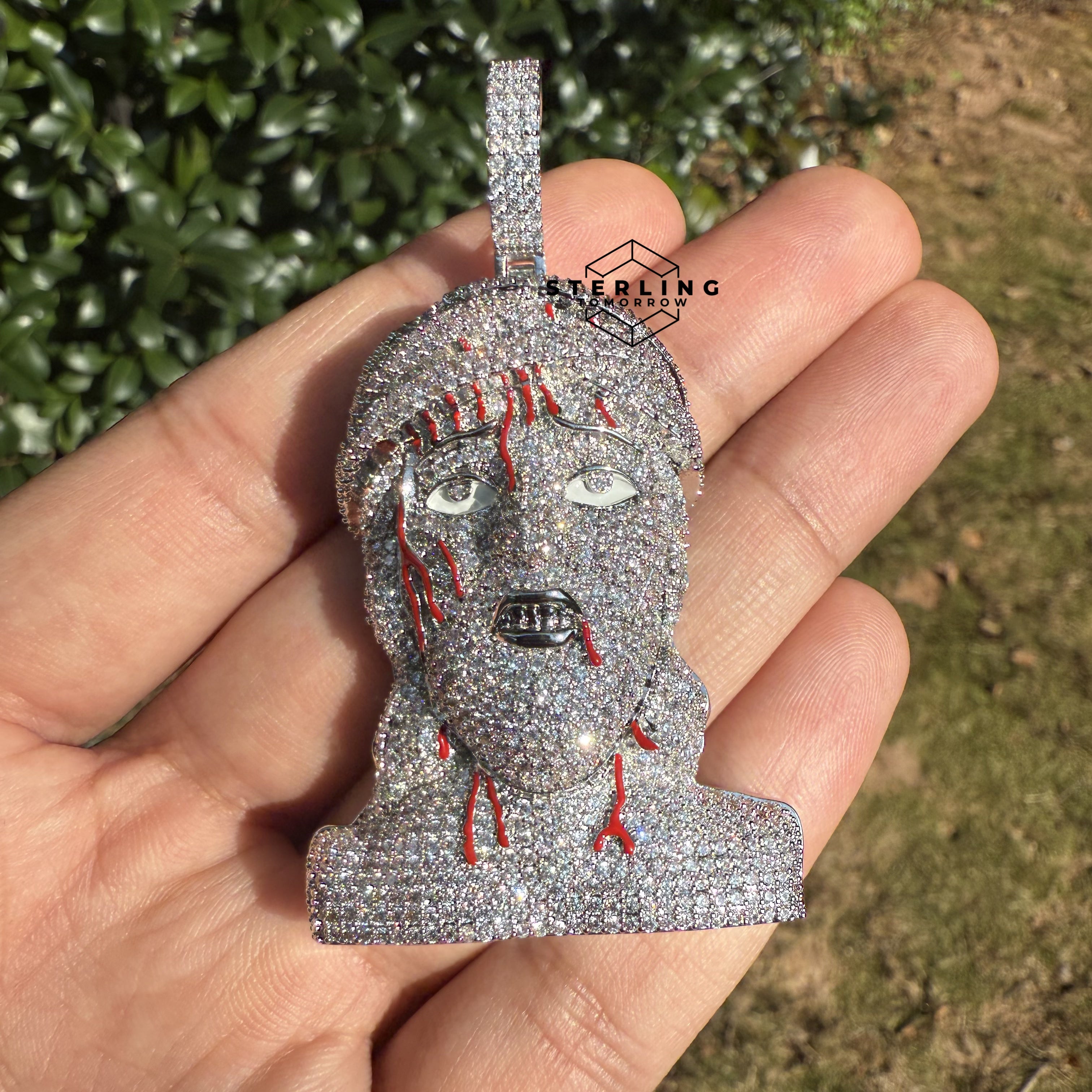 Jesus Pendant Iced Out with Blood Detail Silver Tone