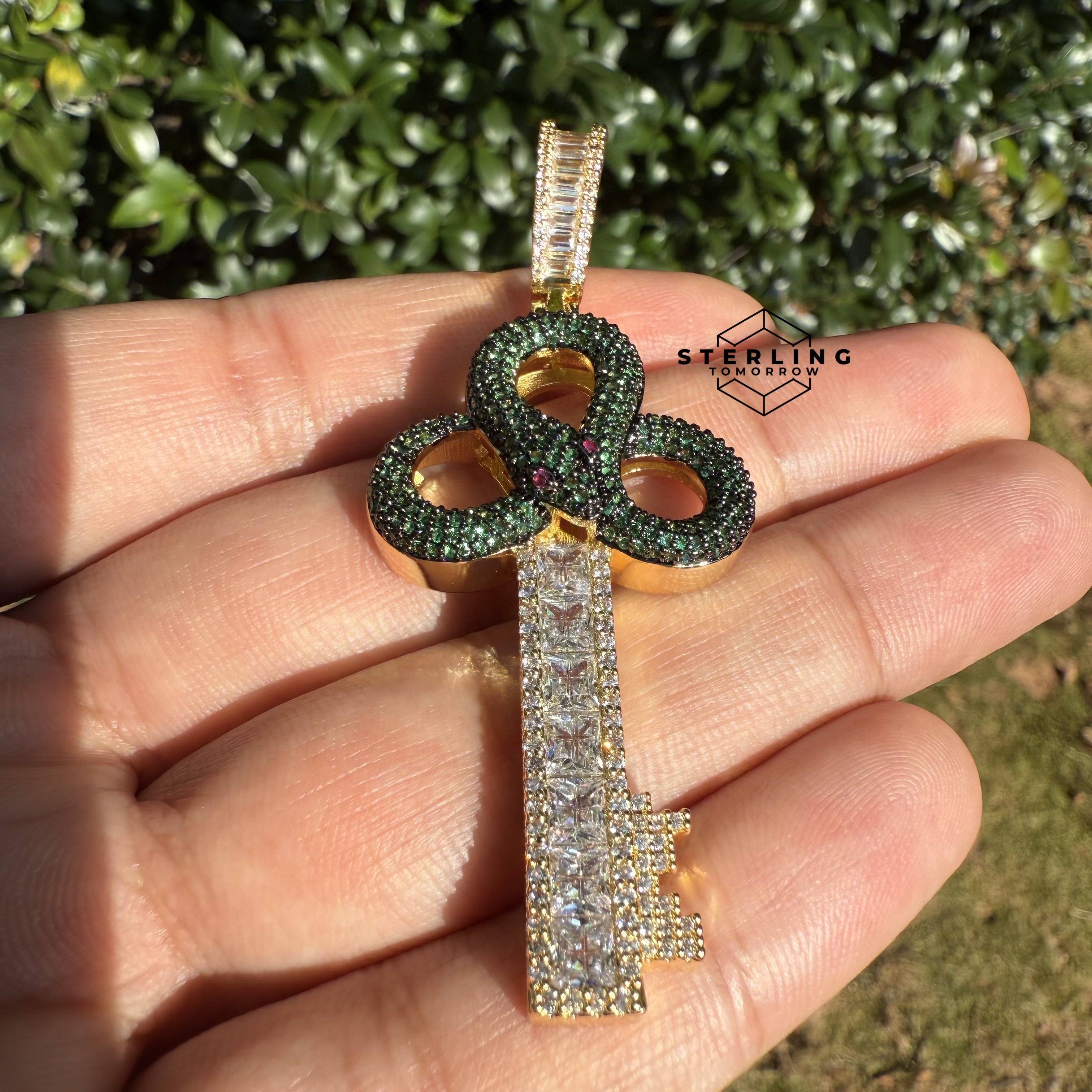 Green Key Gold Tone Iced Out Pendant