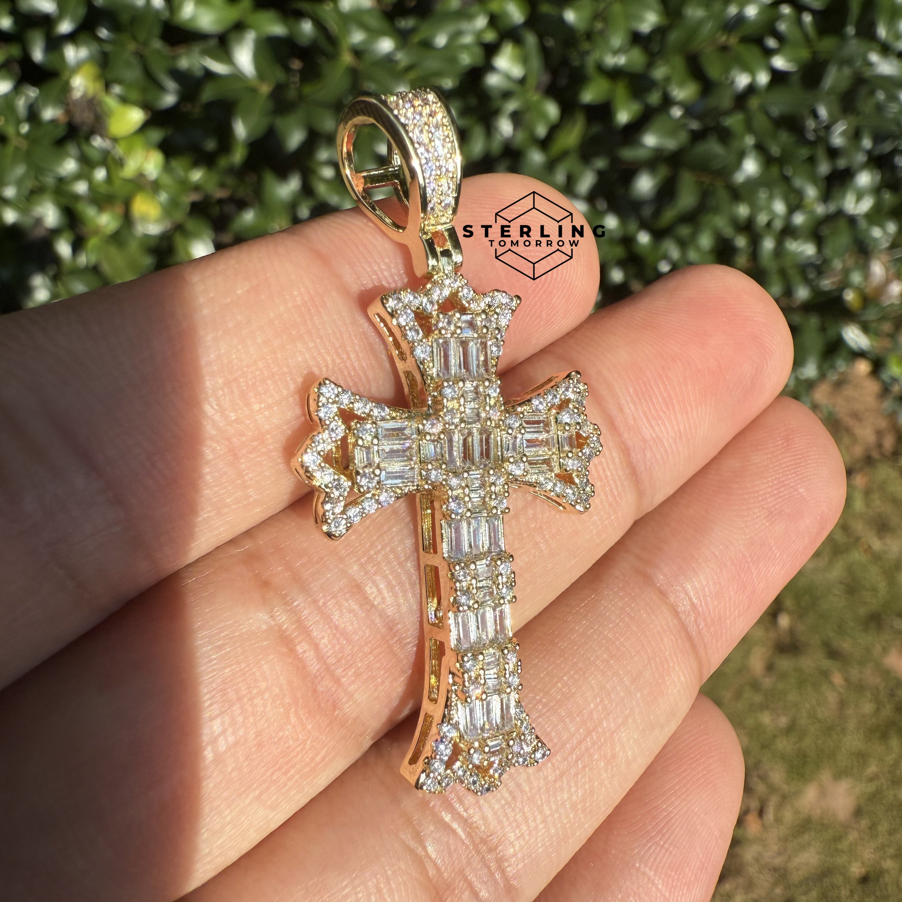 Cross Flared Baguette Cross Gold Tone Iced Out Pendant