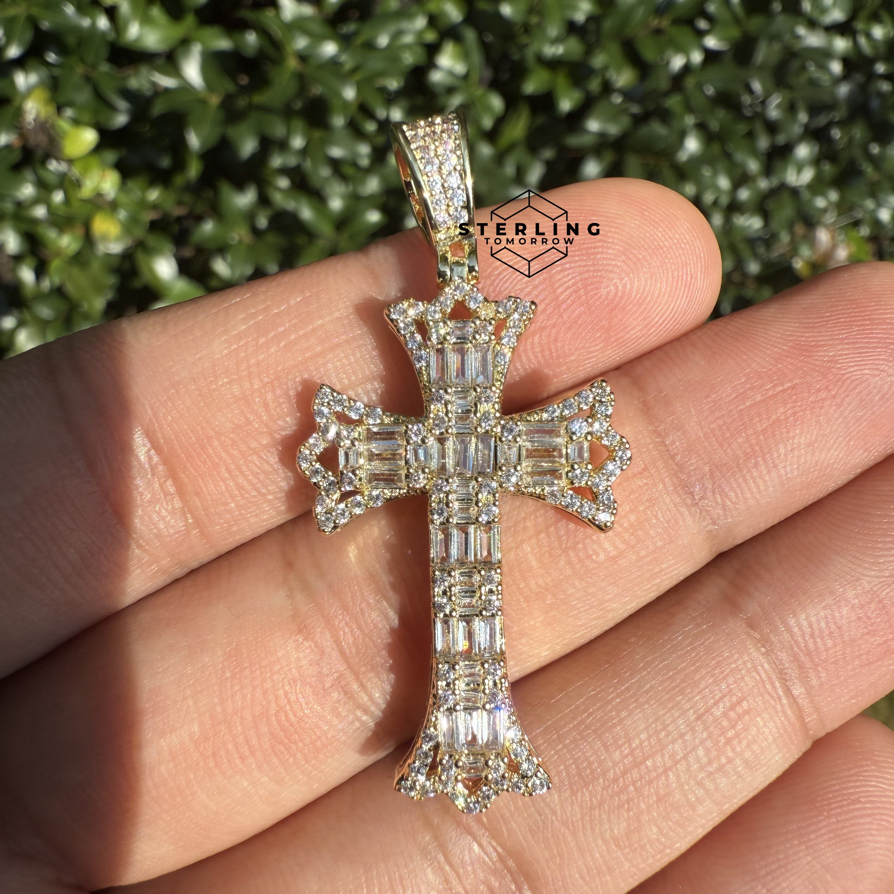 Cross Flared Baguette Cross Gold Tone Iced Out Pendant