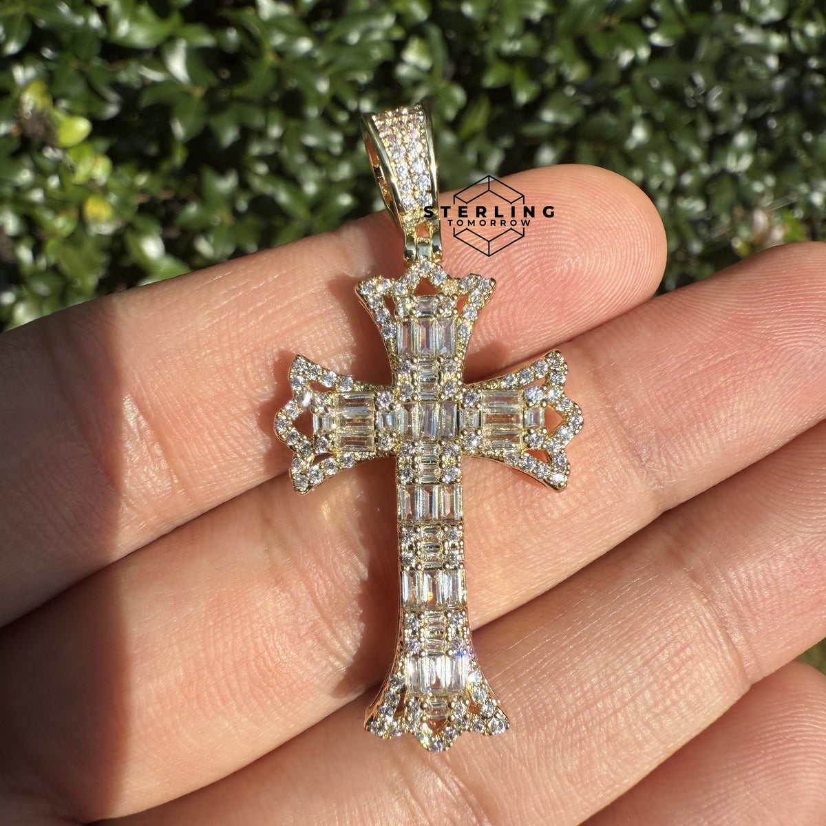 Cross Flared Baguette Cross Gold Tone Iced Out Pendant