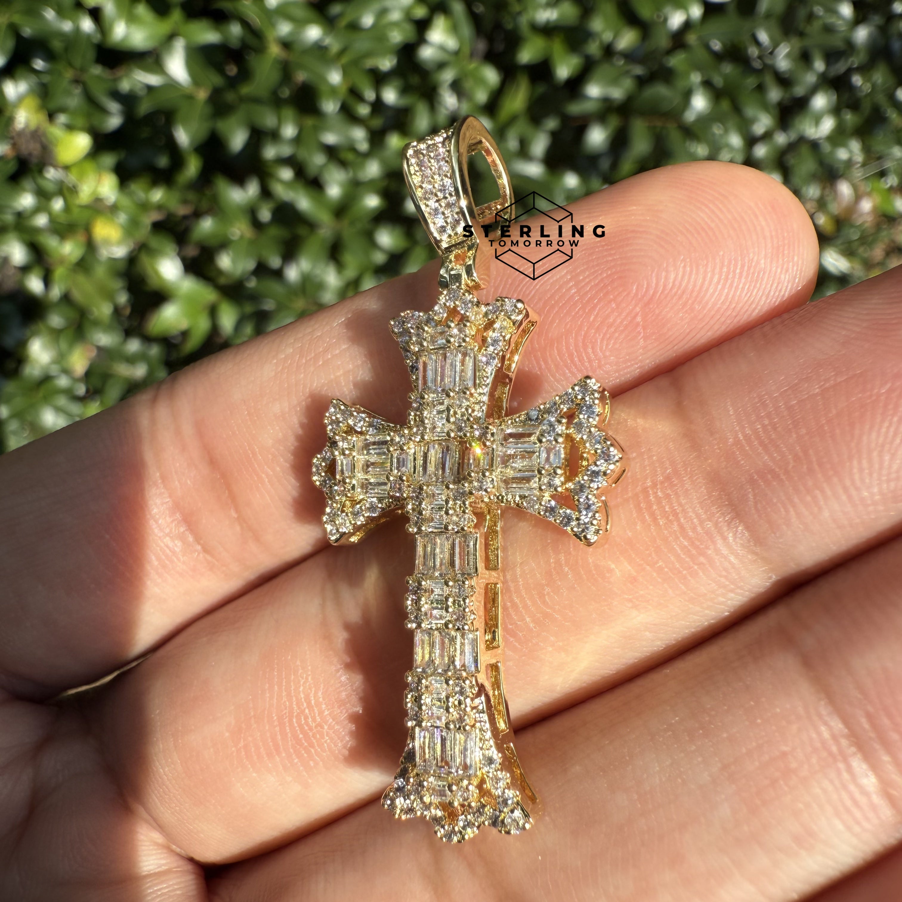 Cross Flared Baguette Cross Gold Tone Iced Out Pendant