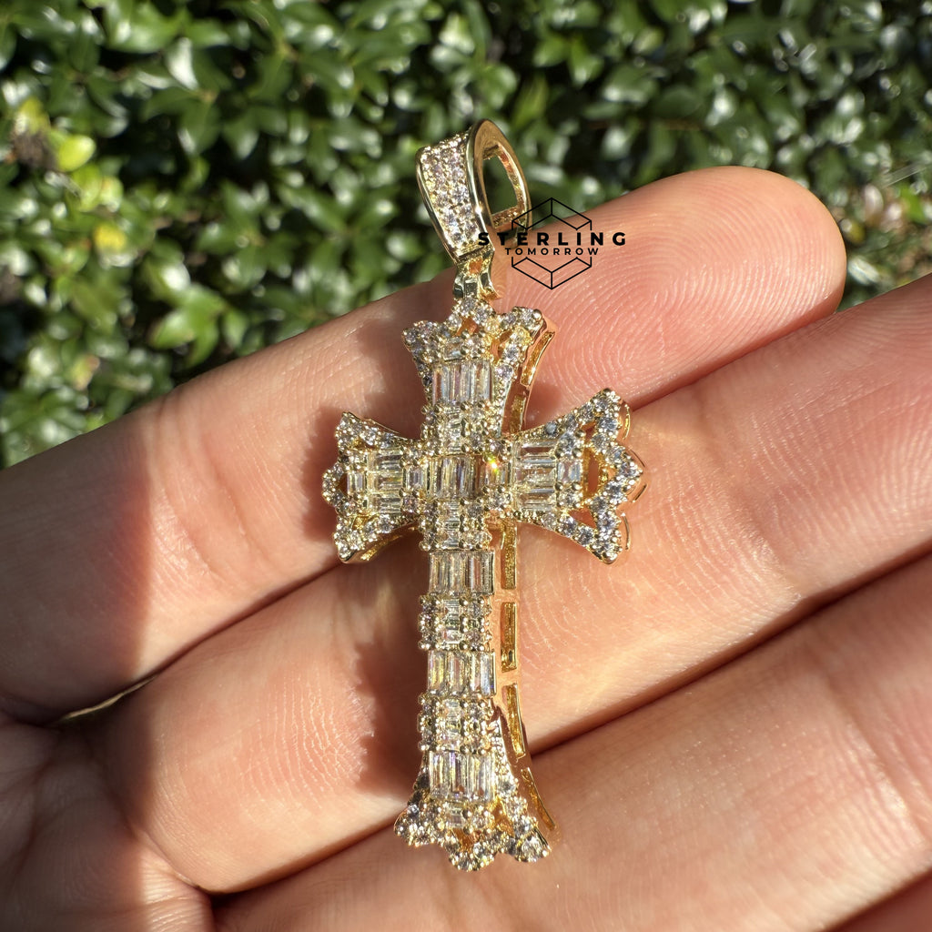 Cross Flared Baguette Cross Gold Tone Iced Out Pendant