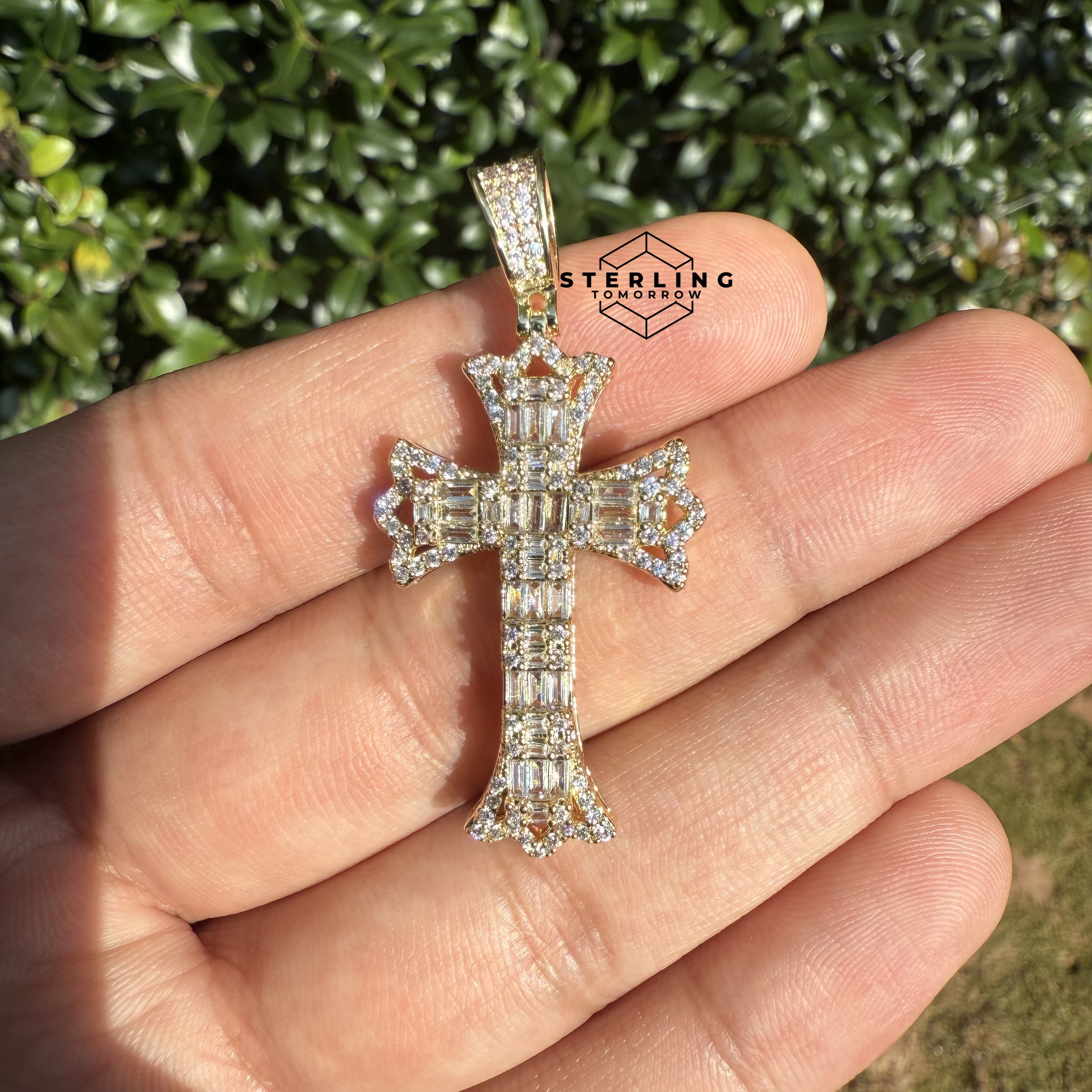 Cross Flared Baguette Cross Gold Tone Iced Out Pendant