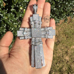 X Large Silver Tone Cross Iced Out Detail Pendant